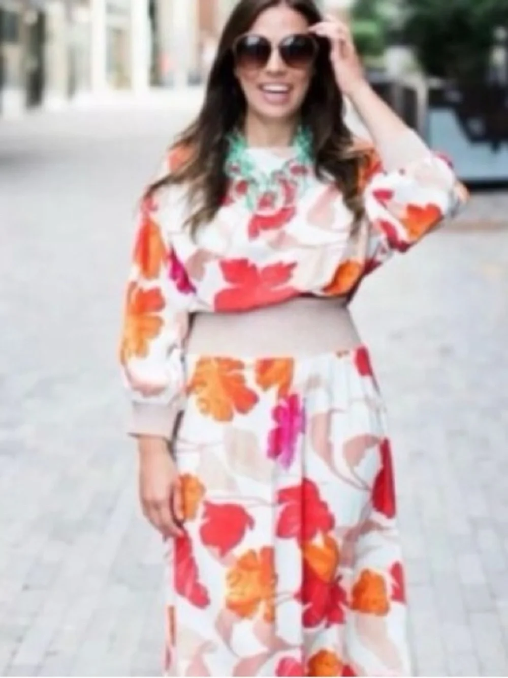 Anthropologie Floral Puff-Sleeve Midi Dress in Cream with Red & Orange Print
